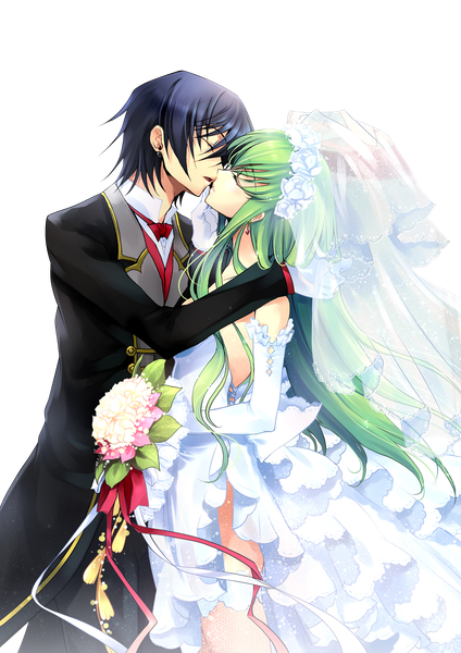 Anime picture 1000x1414 with code geass sunrise (studio) c.c. lelouch lamperouge long hair tall image fringe short hair black hair eyes closed green hair couple transparent background kiss girl dress boy gloves flower (flowers) elbow gloves