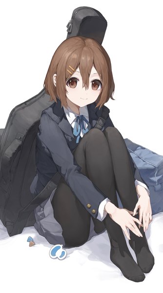 Anime picture 1981x3562 with k-on! kyoto animation hirasawa yui sentter single tall image looking at viewer fringe highres short hair light erotic simple background smile hair between eyes brown hair white background sitting brown eyes full body bent knee (knees)
