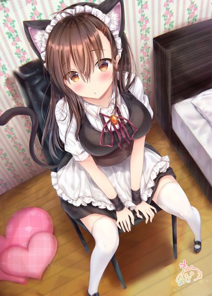 Anime picture 900x1259 with original maruma (maruma gic) single long hair tall image looking at viewer blush fringe breasts open mouth hair between eyes brown hair large breasts sitting brown eyes signed animal ears ahoge indoors tail