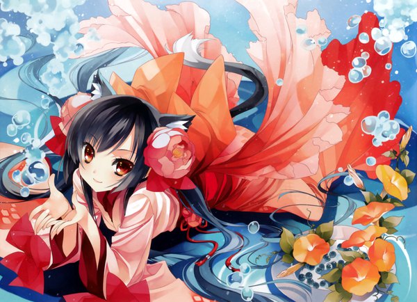 Anime picture 4500x3259 with original katagiri hinata single long hair looking at viewer highres black hair red eyes animal ears absurdres tail animal tail hair flower cat ears cat girl cat tail girl dress flower (flowers) bubble (bubbles)