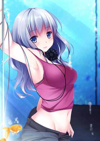 Anime picture 644x910 with original itou nanami single long hair tall image blush breasts blue eyes light erotic smile purple hair armpit (armpits) midriff light girl navel animal headphones fish (fishes) wire (wires)