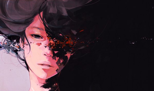 Anime picture 1515x900 with original tae (artist) single black hair wide image parted lips black eyes abstract girl