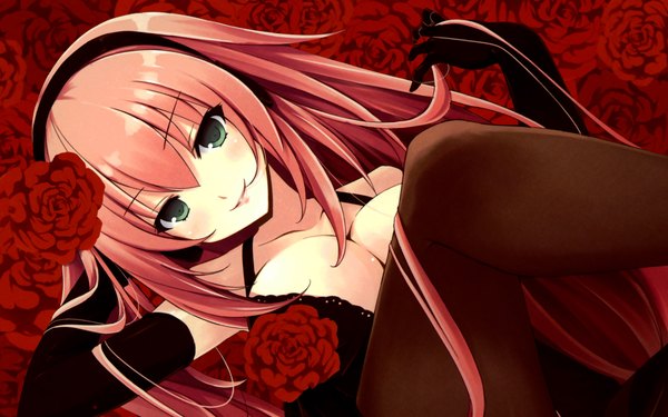 Anime picture 1920x1200 with vocaloid megurine luka mikoto akemi single long hair looking at viewer highres breasts light erotic wide image green eyes pink hair cleavage wallpaper red background girl thighhighs gloves flower (flowers) elbow gloves