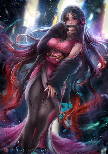 Anime picture 3532x5000 with kimetsu no yaiba ufotable kamado nezuko axsen single long hair tall image looking at viewer blush fringe highres breasts black hair standing holding absurdres long sleeves nail polish traditional clothes japanese clothes