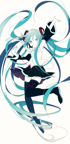 Anime picture 528x1088 with vocaloid hatsune miku 4 (nakajima4423) single tall image open mouth simple background white background twintails bent knee (knees) very long hair nail polish pleated skirt aqua eyes aqua hair armpit (armpits) outstretched arm symbol-shaped pupils jumping girl