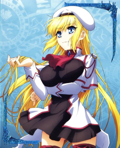 Anime picture 1648x2029 with seikoku no dragonar silvia lautreamont tagme (artist) single long hair tall image fringe breasts blue eyes blonde hair smile hair between eyes large breasts standing payot looking away long sleeves arm up wind framed