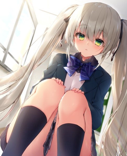 Anime picture 1120x1379 with original navy (navy.blue) single long hair tall image looking at viewer blush fringe hair between eyes twintails green eyes payot silver hair indoors pleated skirt open clothes dutch angle squat hand on knee girl