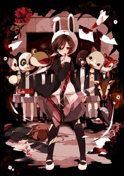 Anime picture 1254x1770 with maruino (artist) tall image short hair black hair brown eyes bunny ears torn pantyhose girl uniform flower (flowers) school uniform pantyhose serafuku toy stuffed animal cap guitar animal hat