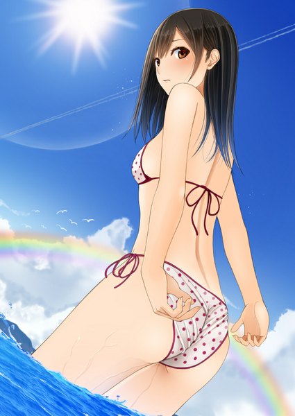 Anime picture 645x911 with original kentaurosu single long hair tall image blush light erotic black hair brown eyes sky cloud (clouds) girl swimsuit bikini sea sun rainbow polka dot bikini