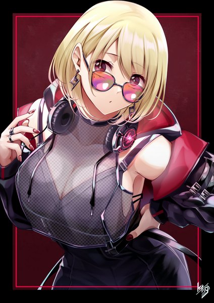 Anime picture 2893x4092 with original takagi mitsukuni single tall image looking at viewer fringe highres short hair breasts light erotic simple background blonde hair red eyes large breasts standing nail polish arm up fingernails off shoulder mole
