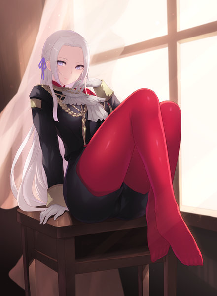 Anime picture 3898x5315 with fire emblem fire emblem: three houses nintendo edelgard von hresvelg cait single long hair tall image looking at viewer blush highres sitting purple eyes payot absurdres silver hair full body bent knee (knees) indoors long sleeves