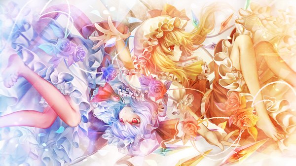 Anime picture 1200x674 with touhou flandre scarlet remilia scarlet torino aqua fringe short hair blonde hair red eyes wide image multiple girls white hair profile multicolored hair barefoot bare legs legs gradient hair siblings revision sisters