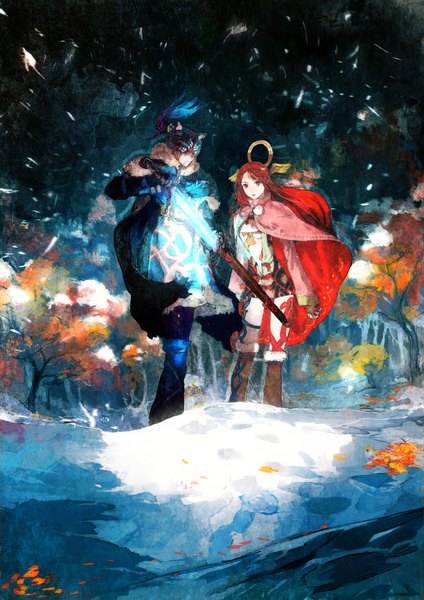 Anime picture 6615x9355 with ikenie to yuki no setsuna i am setsuna square enix endir setsuna (i am setsuna) humi (artist) long hair tall image looking at viewer highres open mouth blonde hair red eyes animal ears absurdres red hair fur trim winter snow head wings