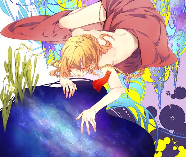 Anime picture 1400x1183 with original tagme (artist) single long hair blonde hair sky lying back looking down constellation boy flower (flowers) blanket