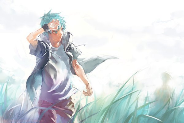 Anime picture 900x600 with kuroko no basket production i.g kuroko tetsuya yamakawa umi single short hair white background looking away aqua eyes wind aqua hair hand on head silhouette boy plant (plants) hood grass hoodie wristlet