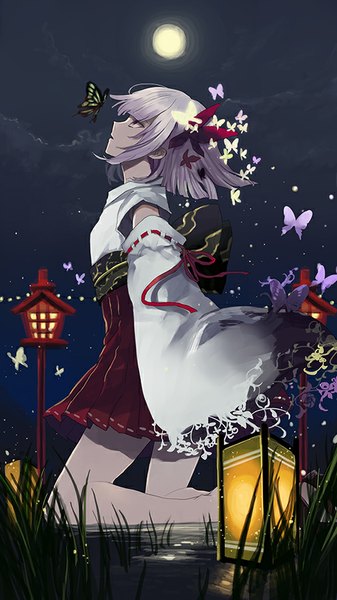 Anime picture 506x900 with original harano single tall image fringe short hair standing purple eyes looking away purple hair cloud (clouds) bent knee (knees) long sleeves barefoot night wide sleeves bare legs no shoes night sky kneeling