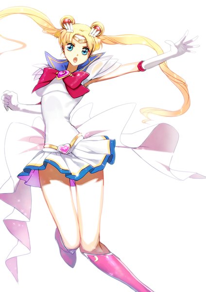 Anime picture 992x1403 with bishoujo senshi sailor moon toei animation tsukino usagi sailor moon wadani hitonori single long hair tall image looking at viewer open mouth blue eyes simple background blonde hair white background twintails pleated skirt sunlight hair bun (hair buns) pointing transparent