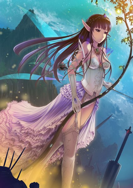 Anime picture 1200x1697 with original iwayuu single long hair tall image fringe breasts light erotic bare shoulders holding looking away sky cleavage purple hair cloud (clouds) pointy ears mountain elf girl thighhighs