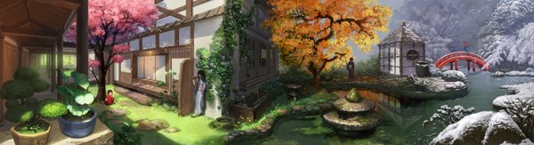 Anime picture 2934x800 with pixiv mugon highres wide image japanese clothes cherry blossoms snowing winter snow landscape summer autumn spring panorama long image 4 seasons plant (plants) tree (trees) water house