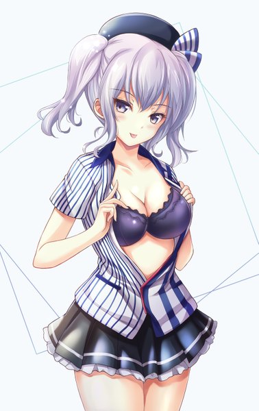 Anime picture 1929x3060 with kantai collection lawson kashima training cruiser taka-kun single long hair tall image looking at viewer blush highres breasts blue eyes light erotic twintails silver hair open shirt girl skirt shirt lingerie