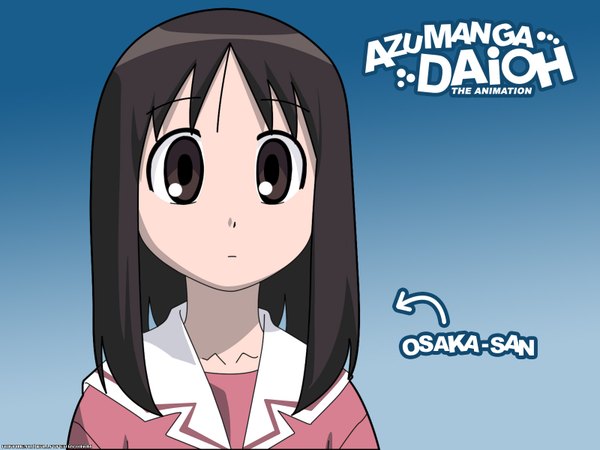 Anime picture 1600x1200 with azumanga daioh j.c. staff kasuga ayumu single looking at viewer short hair simple background brown hair brown eyes upper body copyright name character names gradient background blue background girl uniform school uniform