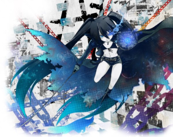 Anime picture 1200x955 with black rock shooter black rock shooter (character) single long hair blue eyes black hair twintails torn clothes glowing glowing eye (eyes) girl weapon sword shorts boots chain coat bikini top