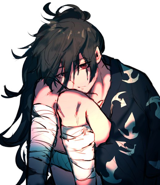 Anime picture 1563x1809 with dororo (tezuka) hyakkimaru (dororo) skystupid single long hair tall image looking at viewer fringe black hair simple background hair between eyes red eyes white background sitting bent knee (knees) ponytail traditional clothes japanese clothes knees touching leg hug