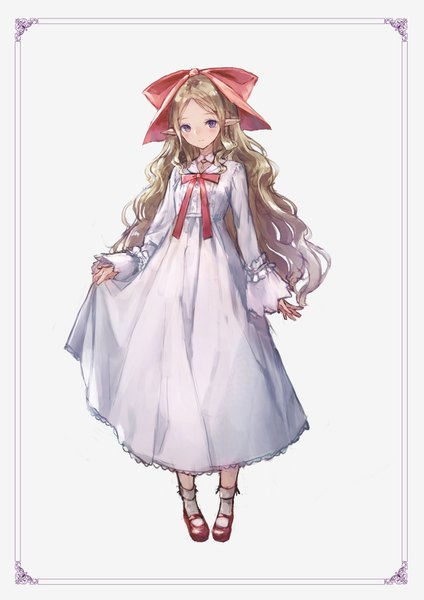 Anime picture 1240x1754 with original kobuta single long hair tall image looking at viewer simple background blonde hair standing white background purple eyes full body pointy ears border wavy hair elf girl dress bow hair bow