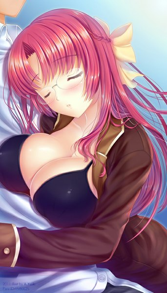 Anime picture 500x875 with original a.yuuki (au7) single long hair tall image blush breasts light erotic large breasts pink hair braid (braids) eyes closed hug blue background breast press girl boy bow hair bow shirt