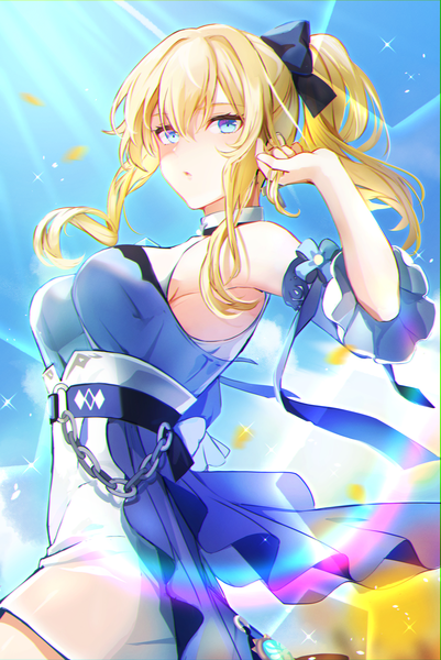 Anime picture 2705x4051 with genshin impact jean gunnhildr jean (sea breeze dandelion) (genshin impact) goroo (eneosu) single long hair tall image looking at viewer fringe highres blue eyes blonde hair hair between eyes payot sky outdoors ponytail sparkle lens flare official alternate costume