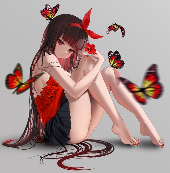 Anime picture 2500x2534 with original tokkihouse single tall image looking at viewer fringe highres light erotic simple background red eyes full body blunt bangs very long hair nail polish multicolored hair barefoot grey background bare legs colored inner hair polka dot