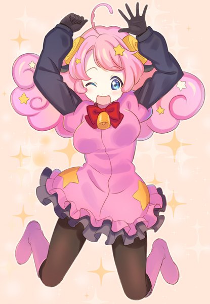Anime picture 630x910 with show by rock!! studio bones moa (show by rock!!) shati single long hair tall image blush open mouth blue eyes pink hair full body ahoge one eye closed arms up sparkle jumping bell collar girl gloves