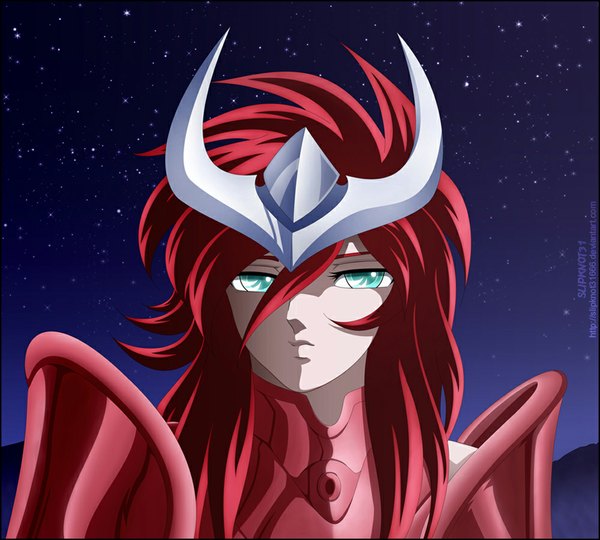 Anime picture 1000x900 with saint seiya toei animation shun hades slipknot31 single long hair red hair aqua eyes night sky coloring portrait girl armor star (stars)