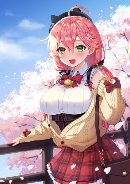 Anime picture 1447x2047 with virtual youtuber hololive sakura miko sakura miko (casual) kura noi single long hair tall image looking at viewer blush fringe breasts open mouth hair between eyes large breasts twintails green eyes pink hair sky ahoge