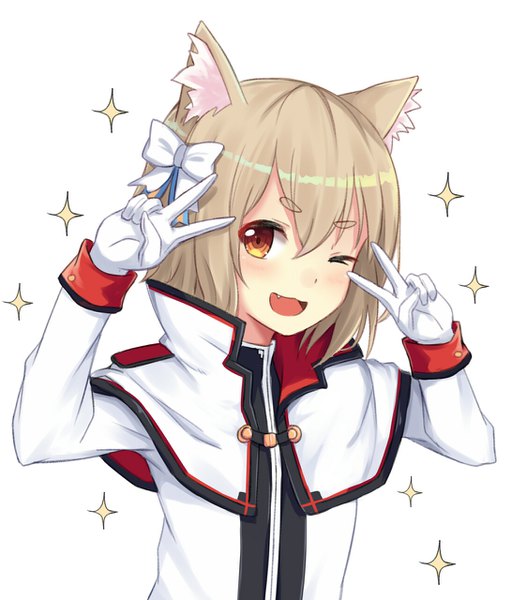 Anime picture 1091x1280 with re:zero kara hajimeru isekai seikatsu white fox felix argyle itachi kanade single tall image looking at viewer blush short hair open mouth simple background blonde hair white background brown eyes animal ears upper body :d one eye closed wink cat ears