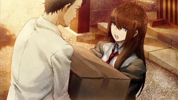 Anime picture 1280x720 with steins;gate white fox makise kurisu okabe rintarou huke long hair short hair open mouth blue eyes black hair brown hair wide image game cg girl boy box