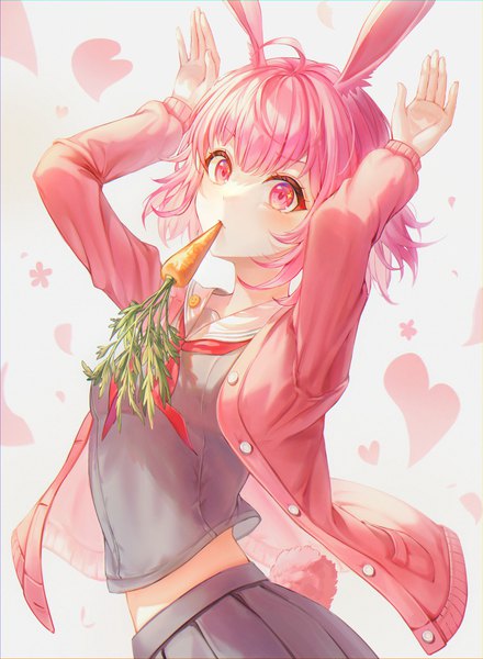 Anime picture 2468x3368 with project sekai ootori emu mirage (rairudiseu) single tall image looking at viewer blush fringe highres short hair simple background standing holding animal ears pink hair ahoge blunt bangs long sleeves pink eyes open clothes