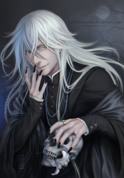 Anime picture 1600x2305 with kuroshitsuji a-1 pictures undertaker zetsuai89 single long hair tall image green eyes white hair braid (braids) nail polish light smile realistic piercing scar boy cloak ring beads skull