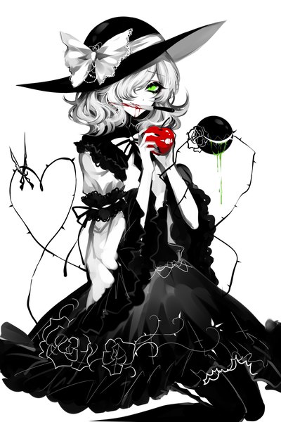 Anime picture 2200x3300 with touhou komeiji koishi sheya single tall image looking at viewer highres short hair simple background white background sitting green eyes nail polish wide sleeves wariza monochrome black nail polish blood on face hair over eyes spot color