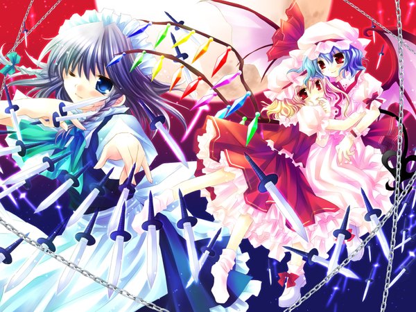 Anime picture 1600x1200 with touhou flandre scarlet remilia scarlet izayoi sakuya sakurazawa izumi girl weapon laevatein (touhou)