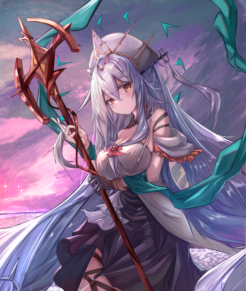 Anime picture 2000x2361 with arknights skadi (arknights) skadi the corrupting heart (arknights) skadi the corrupting heart (sublimation) (arknights) noirl single tall image looking at viewer fringe highres breasts hair between eyes red eyes cleavage silver hair very long hair official alternate costume breast hold girl headdress