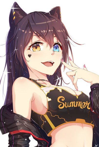 Anime picture 1299x1920 with original guanghe zuoyong de de yezi single long hair tall image looking at viewer blush fringe breasts blue eyes light erotic black hair simple background hair between eyes animal ears yellow eyes cleavage upper body nail polish fingernails