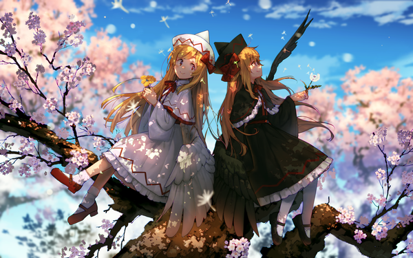 Anime picture 1920x1200 with touhou lily white lily black eho (icbm) long hair highres blonde hair red eyes sitting multiple girls sky depth of field cherry blossoms black wings white wings back to back dual persona girl dress flower (flowers)