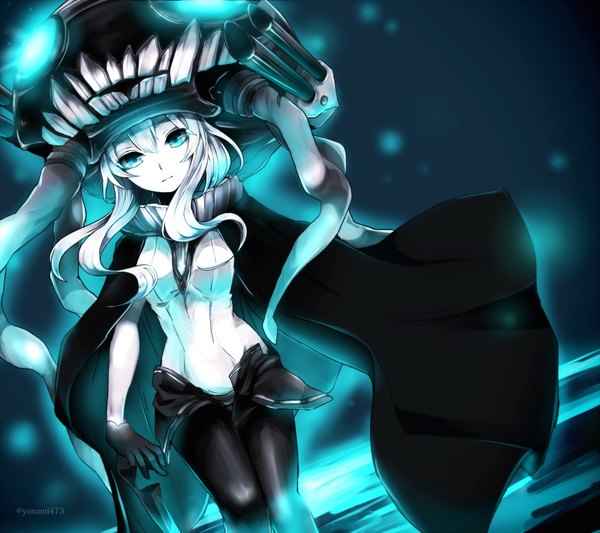 Anime picture 2700x2400 with kantai collection wo-class aircraft carrier chizuru (ambient) single looking at viewer highres breasts large breasts green eyes white hair wind teeth dark background walking sharp teeth shinkaisei-kan girl cloak bodysuit monster