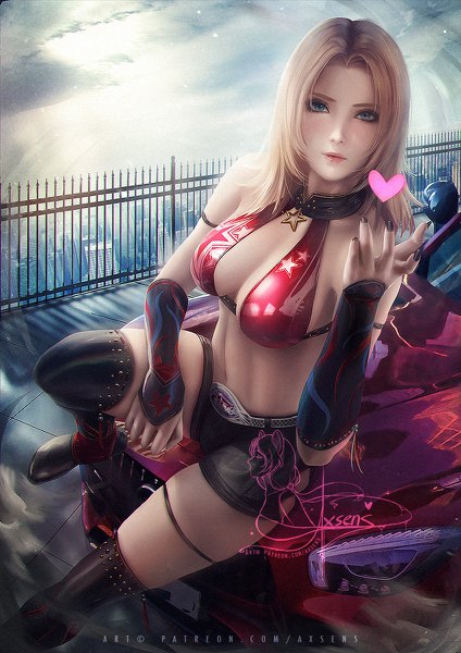 Anime picture 848x1200 with dead or alive mercedes-benz tina armstrong axsen single tall image looking at viewer blush short hair breasts light erotic blonde hair sitting bare shoulders signed sky bent knee (knees) outdoors nail polish aqua eyes