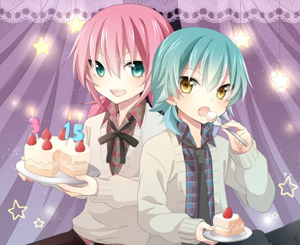 Anime picture 1224x1000 with inazuma eleven inazuma eleven go kirino ranmaru kariya masaki izumi39 long hair blush short hair open mouth sitting twintails yellow eyes looking away pink hair aqua eyes aqua hair multiple boys low twintails eating boy