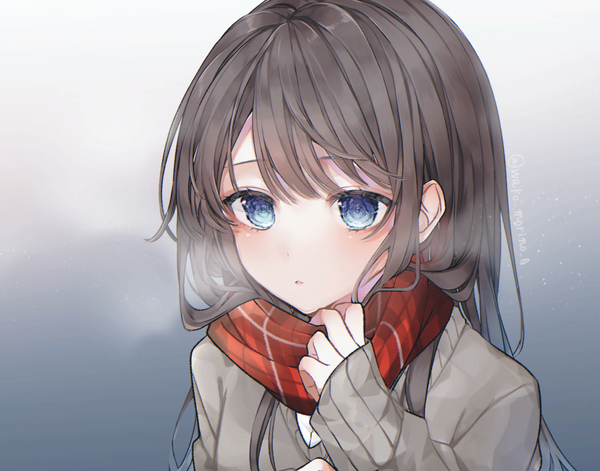 Anime picture 5102x4006 with original wako morino single long hair highres blue eyes simple background brown hair signed looking away absurdres upper body grey background twitter username girl scarf red scarf