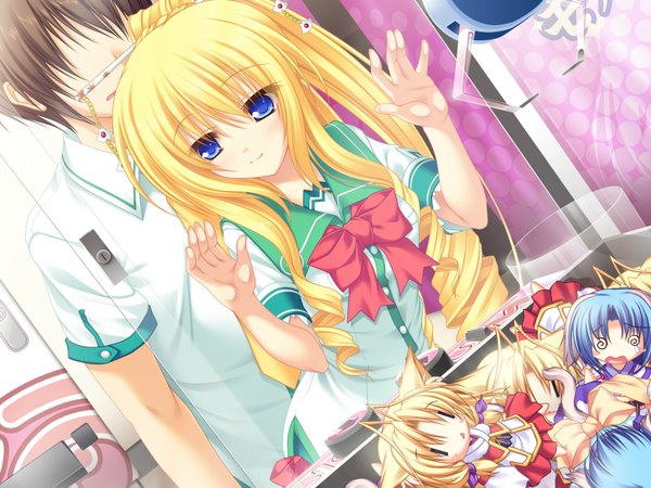 Anime picture 1600x1200 with neko koi! whirlpool (studio) koshimizu rei mikagami mamizu long hair short hair blue eyes black hair blonde hair game cg girl boy serafuku