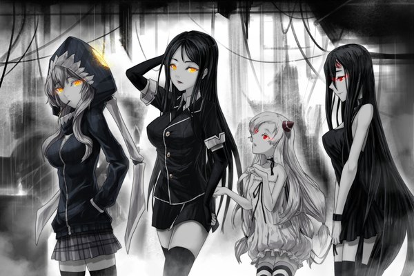 Anime picture 1500x1000 with kantai collection wo-class aircraft carrier battleship-symbiotic hime airfield hime ru-class battleship ddddddd long hair black hair hair between eyes red eyes multiple girls yellow eyes white hair profile horn (horns) grey hair monochrome oni horns shinkaisei-kan girl