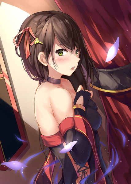 Anime picture 711x1000 with luoxuan jingjie xian suzuame yatsumi single long hair tall image looking at viewer blush fringe breasts open mouth light erotic hair between eyes brown hair large breasts standing bare shoulders green eyes upper body :o magic